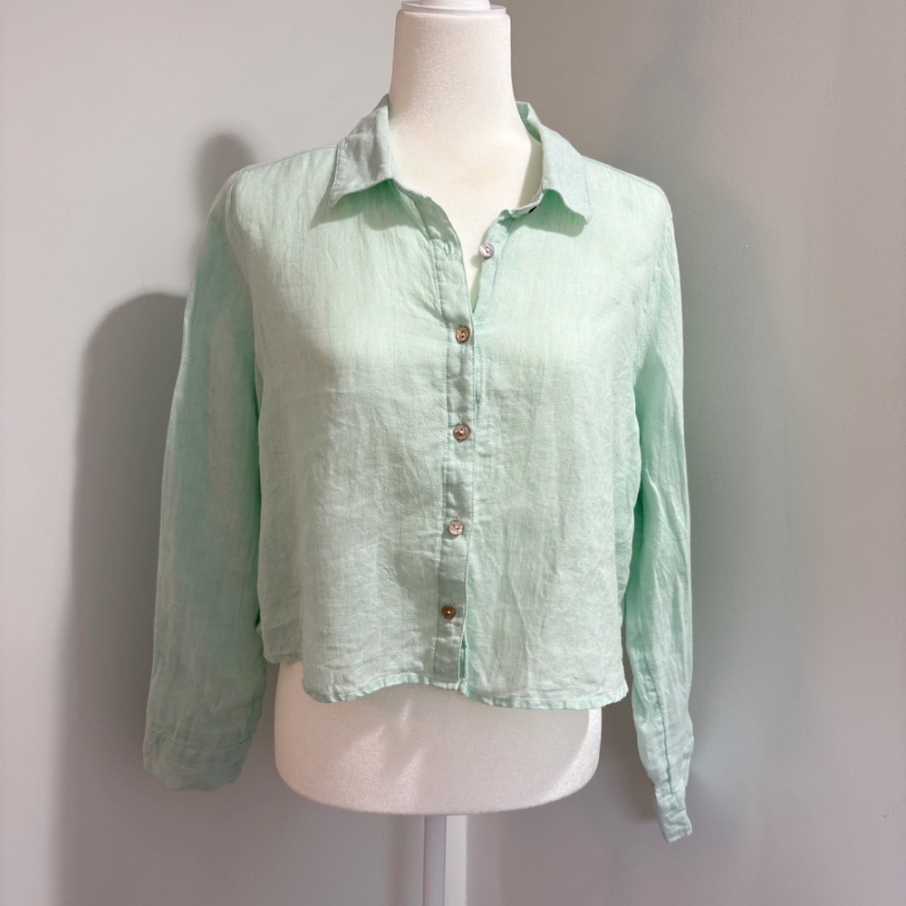 Cynthia Rowley Cropped 100% Linen Button Up Shirt Size Medium Mint Green Collar